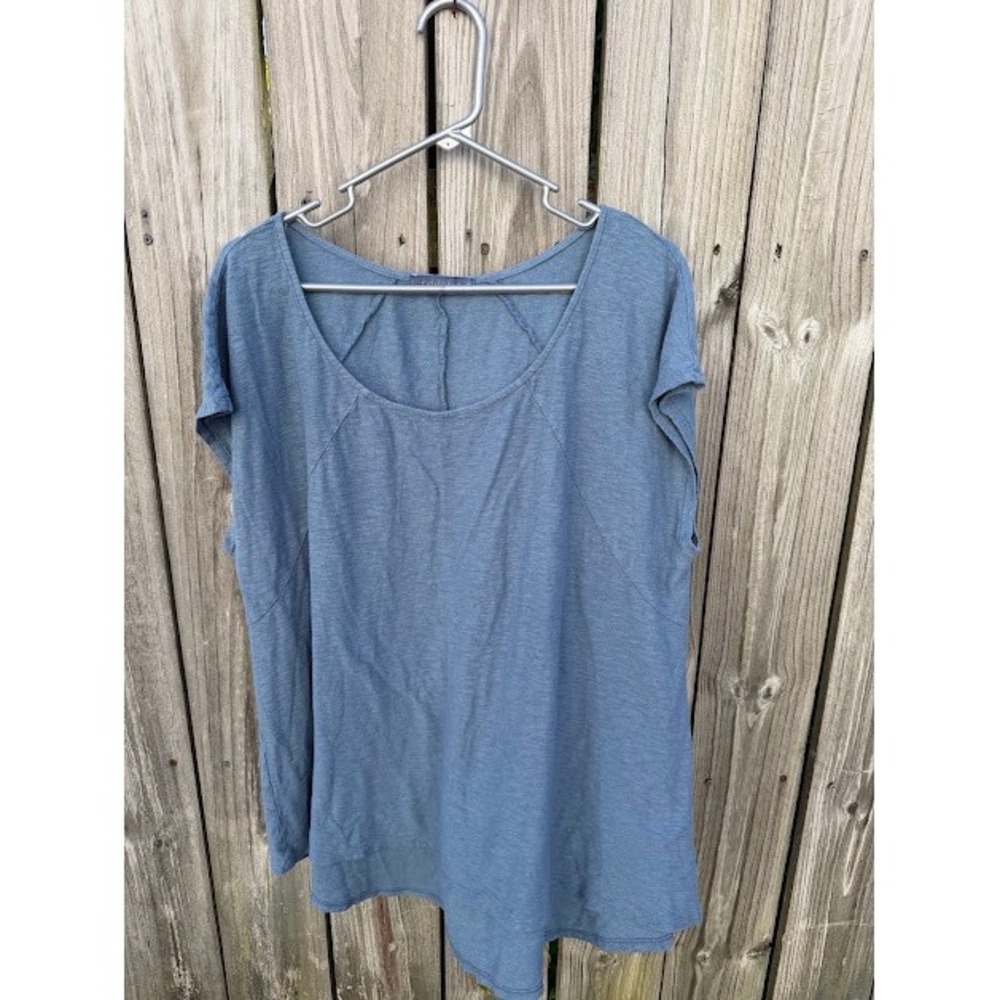 Lagenlook Cut Loose Top Womens XL Blue Linen Blend Short Sleeve Relaxed Tee